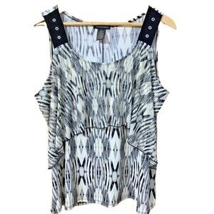 Susan Lawrence Blk & Wht Print Layered Front Sleeveless Stretch Knit Top XL